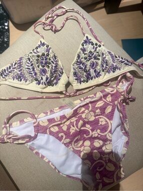 Victoria's Secret Cream and Purple Embellished Bikini Set